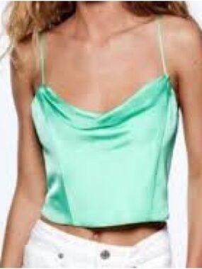 Zara Mint Green Satin Cowl Crop Camisole